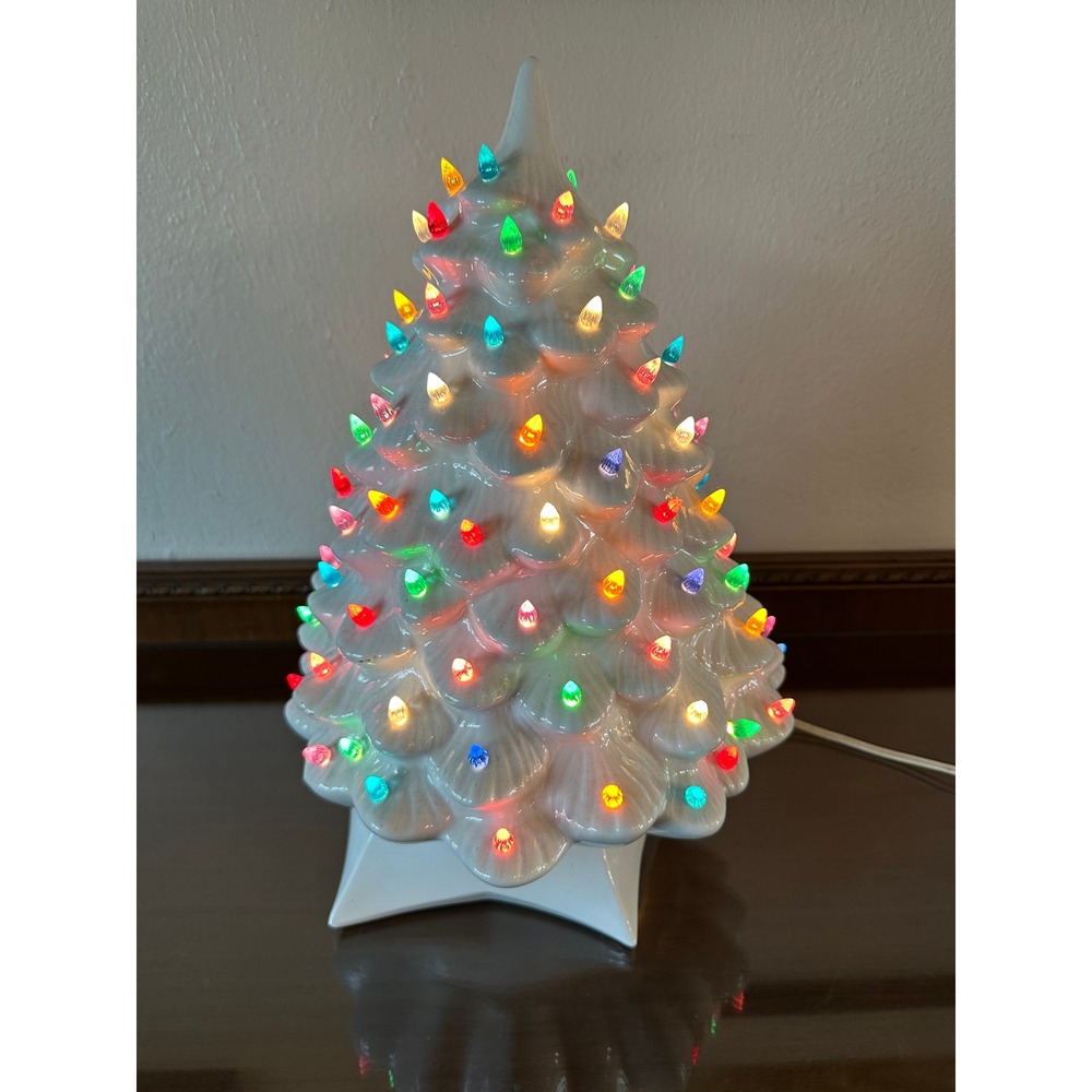 Vintage Holland Mold 16" White Ceramic Christmas Tree Multi-Color Star Base